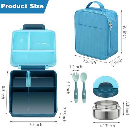 Bento Lunch Box Set for Kids with 8oz Soup Thermo, Leak-Proof Lunch Containers with 4 Compartment, Kids Thermo Hot Food Jar and Insulated Lunch Bag for Kid to School-Blue - color: Blue