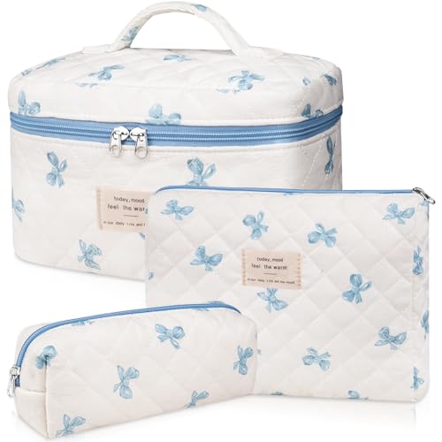 Gosect 3PC Makeup Bag Set, Quilted Makeup Bag, Large Floral Cosmetic Bag for Women, Cute Cotton Makeup Bags, Flower Travel Toiletry Organizer Bag (White and Blue Bow) - color: Pink Plaid Bow