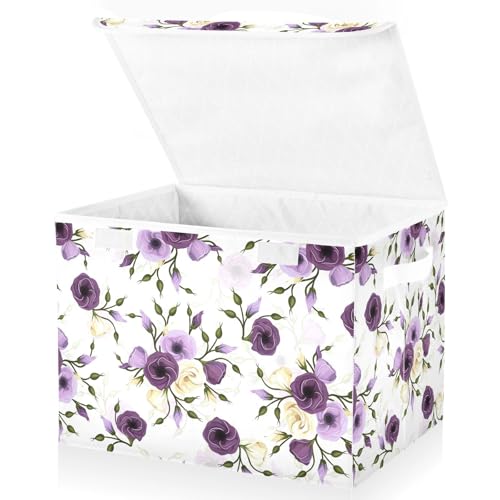 senya Flower Baskets Collapsible Storage Bins with Lids, Purple Green Rose Flower Storage Boxes Clothes Baskets for Organizing - color: Flower 4