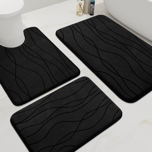 YIHOUSE Memory Foam Bathroom Rug Sets, Black, 3 Piece | Ultra Soft, Absorbent, Non-Slip, Machine Washable - color: Black, size: 1'8" x 2'8"