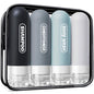 Pre-printed Silicone Travel Bottles for Toiletries 3oz | TSA Approved, Leak Proof, Squeezable Containers For Shampoo Conditioner, Travel Essentials, with Clear Bag, 4 Pack - color: dark color 4