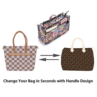 BTSKY Printing Handbag Organizers Inside Purse Insert-High Capacity 13 Pockets Bag Tote Organizer with Handle Sunflower - color: Blue+Pink