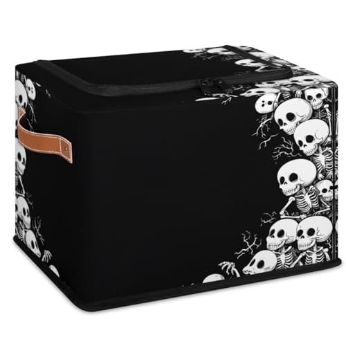 Skeleton Storage Bins With Zipper Lid, Collapsible Trunk Organizer, Car Organizers and Storage Bins with Lids, Halloween Decorative Storage Boxes with Handle, Home Storage Baskets for Organizing - color: Black Skeleton