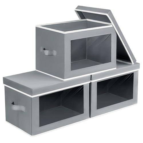 Homsorout Decorative Bins with Lids - Stackable Cube Bins for Closet, 3 Pack Clear Windows Fabric Organizer Bins, Home Organizers and Storage for Clothes, CD, Towels, Grey - color: Grey, size: L(3-Pack)