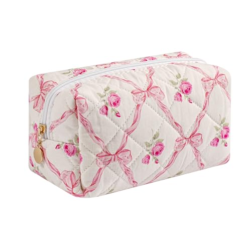 Travel Makeup Bag, Cosmetic Bag for Women Girls, Floral Flowers Toiletry Organizer, Portable Storage Bag, Pink Bowknot/Gold Zipper - color: A4 Pink Bowknot/Gold Zipper