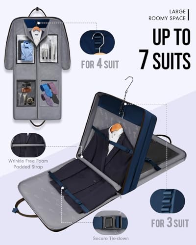 MATEIN Suit Bag Travel, Large Travel Garment Bag Up to 7 Suits with Strap, Business Foldable Garment Carrier Fit 17.3 inch laptop, 2 in 1 Carry On Hanging Luggage Suitcase with Shoe Compartment, Blue - color: Dark Blue
