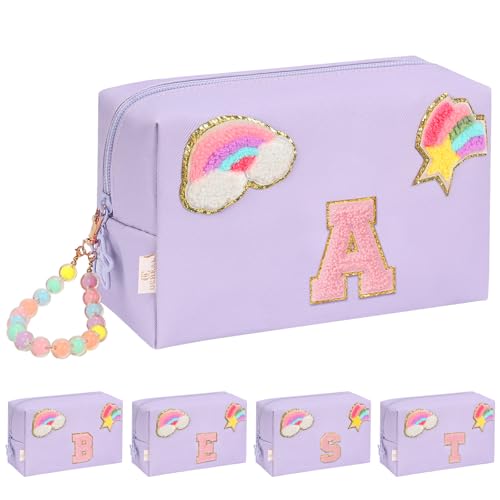 Initial Makeup Bag for Girls, Cute Makeup Bag Small Cosmetic Bag Travel Make Up Organizer Pouch, Birthday Gifts for Girls 4 5 6 7 8 9 10 11 12 13 14 15 Years Old, Teen Girls Gifts Trendy Stuff - color: Purple + Bracelet, style: A