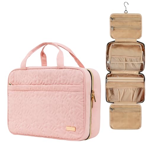 Carrywell (Not Made In China) Toiletry Bag Travel Bag with Hanging Hook, Makeup Organizer Case, Water-Resistant Cosmetic Bag For Full-size Containers, Toiletries, Pink Large - color: Pink, size: Large