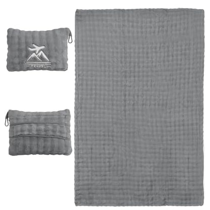 Travel Blanket and Pillow-2-in-1, Ultra-Soft&Compact,Airplane Blanket with Hand Luggage Belt and Backpack Clip,Travelers Accessories Gifts, 61x43 Inches（Gray） - color: Gray