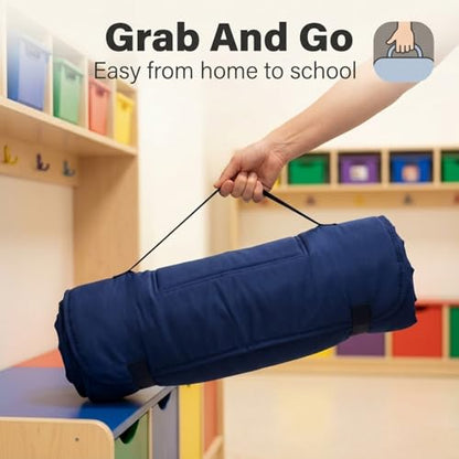 EVERYDAY KIDS Nap Mat with Removable Pillow - Navy - Carry Handle with Straps Closure, Rollup Design, Soft Microfiber for Preschool, Daycare, Travel Sleeping Bag - Ages 3-6 Years - color: Navy