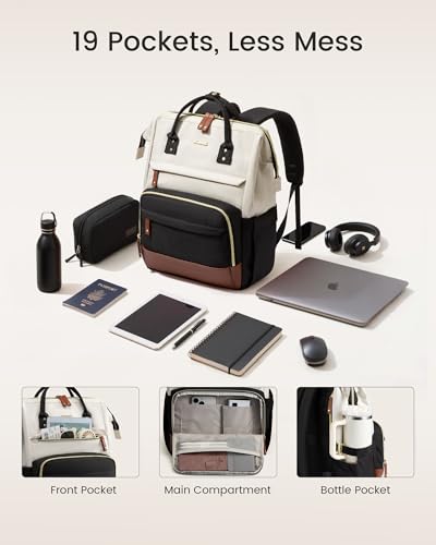 LOVEVOOK Laptop Backpack for Women, 15.6 Inch Work Business Backpacks Purse With Large Capacity, Waterproof Nurse Bag College Bookbag for School, Waterproof Casual Daypack for Travel - color: Beige-black, size: 15.6 INCH