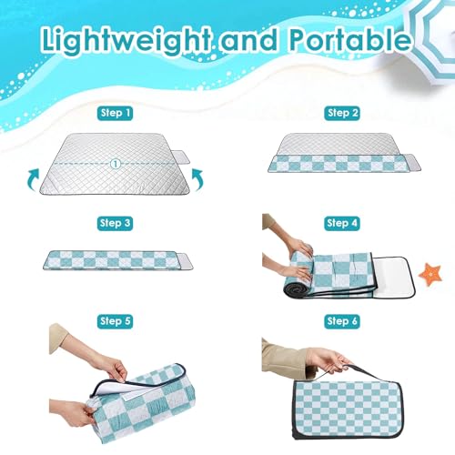 Waterproof Picnic Outdoor Blanket, 79" x 59" Sandproof Foldable Large Picnic Blanket for Beach, Camping, Park, Travel, Concert, Great Gift for Families and Couples (Aqua Checkered) - color: Aqua Checked