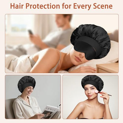 Satin Hair Bonnet Set for Sleeping, Hair Wrap Sleep Bonnets for Women Sleeping, Soft Bonnet for Long Hair, 4 PCS - color: Black