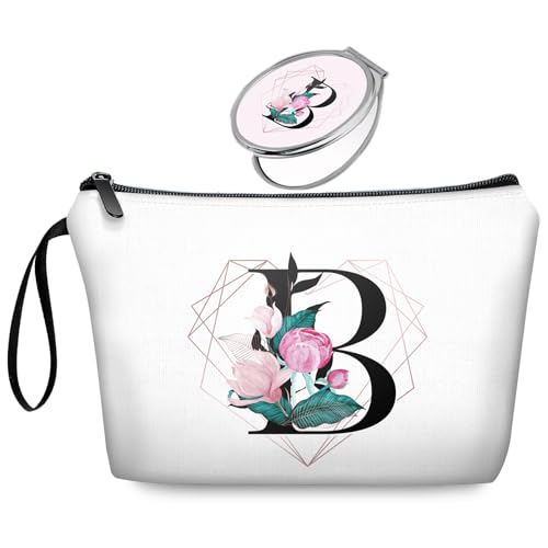 Initial B Bride Gifts for Women Personalized Letter B Travel Makeup Bag Set with Mirror, Monogram B Cosmetic Pouch for Bridesmaid Maid of Honor Wedding Bridal Shower - color: Diamond-like Ietter B Floral-white-2S