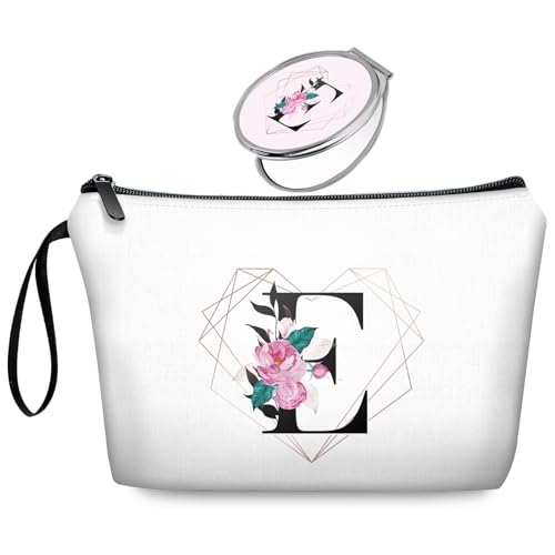 Initial E Bride Gifts for Women – Personalized Letter E Travel Makeup Bag Set with Mirror, Monogram E Cosmetic Pouch for Bridesmaid Maid of Honor Wedding Bridal Shower - color: Diamond-like Ietter E Floral-white-2S
