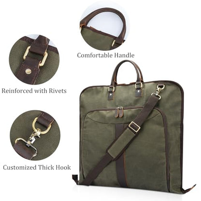 Polare Waxed Canvas Full Grain Leather Trim Garment Carry On Bag for Travel, Foldable Hanging Suitcase Weekender Dust-Proof Garment Waterproof Cover with YKK Zipper and Adjustable Strap (Army Green) - color: Army Green