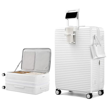 HanTrip Hard Shell Suitcases 28 Inch Large Checked Luggage with Spinner Wheels Cup Holder, Expandable Check in Luggage Lightweight Top Opening Luggage Big Rolling Suitcase with Lock, White - color: White, size: Expandable 28 Inch