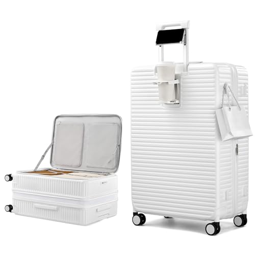 HanTrip Hard Shell Suitcases 28 Inch Large Checked Luggage with Spinner Wheels Cup Holder, Expandable Check in Luggage Lightweight Top Opening Luggage Big Rolling Suitcase with Lock, White - color: White, size: Expandable 28 Inch