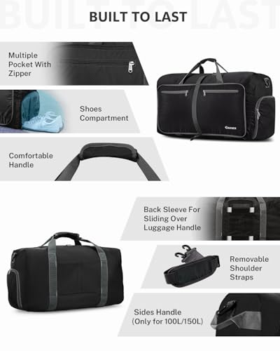 Gonex Large Foldable Travel Duffle Bag with Shoes Compartment, Packable Lightweight Water Repellent Duffel Bag for Camping Gym Weekender Bag - color: Black, size: 60L