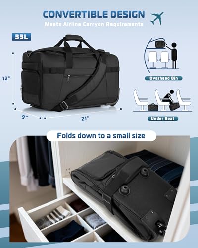 Smasrob 33L Rolling Duffle Bag with Wheels, Shoe Compartment and Wet Pocket, 21” Carry On Bag with Crossbody Strap, Black