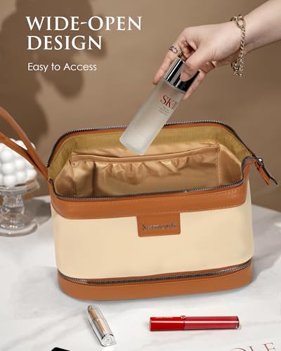 Double-Layer Toiletry Bag, Water-Resistant Hybrid Leather Cosmetic Organizer with Wet/Dry Compartments, 26x15x16cm (Cream, Double layer) - color: Cream