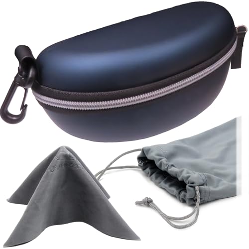 MyEyeglassCase Sports Sunglasses Case and Slim wallet Semi hard large glasses case w/belt clip soft pouch & cloth - color: B701 XL Blue/Grey Zipper