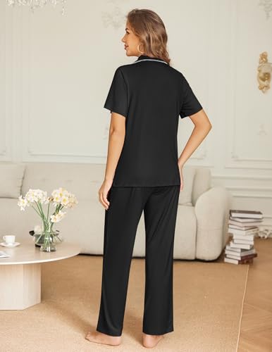 Ekouaer Womens Pajama Sets Button Down Pjs Lounge Sets 2 Piece Short Sleeve Sleepwear Soft Comfy Loungewear - color: Black, size: XX-Large