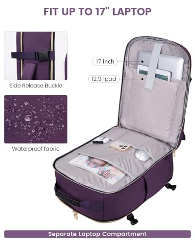 LOVEVOOK 50L Travel Backpack for Women & Men, Airline Approved Carry On Luggage with 3 Packing Cubes, TSA Overnight Bags, Waterproof Personal Item Bag, Weekender Essentials Backpacks fits 17" Laptop - color: Purple-beige-black, size: X-Large