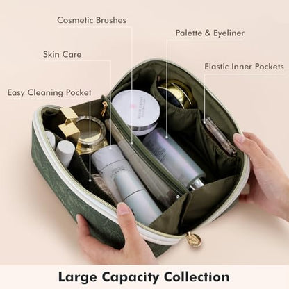Prite Makeup Bag for Women Travel Waterproof Vegan Leather Cosmetic Bag Open Flat Toiletry Bag With Clear Divider and Handle (Green Flower, Medium) - color: Green Flower, size: Medium