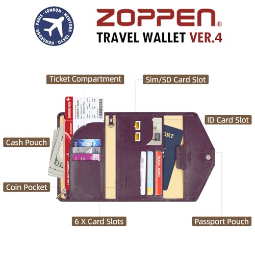 ZOPPEN Mulit-purpose Rfid Blocking Passport Holder Travel Wallet (Ver.4) Passport and Vaccine Card Holder ComboTri-fold Document Organizer Travel Essentials - color: #8 Wine Red / Burgundy