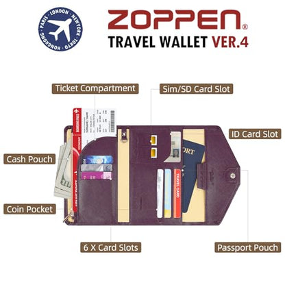 ZOPPEN Mulit-purpose Rfid Blocking Passport Holder Travel Wallet (Ver.4) Passport and Vaccine Card Holder ComboTri-fold Document Organizer Travel Essentials - color: #8 Wine Red / Burgundy