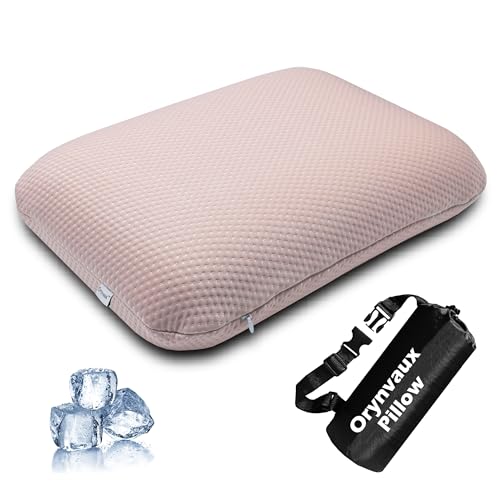 Cooling Camping Pillow, Memory Foam Travel Pillow with Adjustable Buckle Strap & Storage Bag, Compact Small Pillow for Airplane, Car Lumbar, Office, Washable Cooling Cover, Sakura Pink - color: Sakura Pink, size: L-17.5*11.8*4.3in