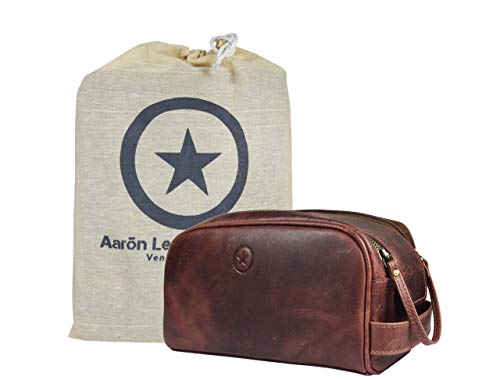 10" Premium Leather Toiletry Travel Pouch With Waterproof Lining | King-Size Handcrafted Vintage Dopp - Kit By Aaron Leather Goods (Dark Brown) - color: Dark Brown