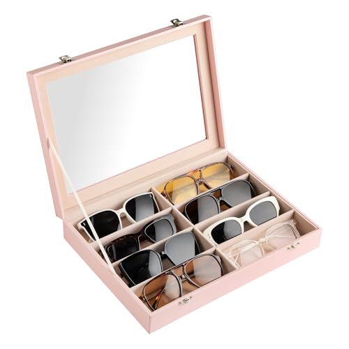 Frebeauty Sunglass Organizer,PU Leather Glasses Organizer,8-Slot Sunglasses Tray with Clear Lid,Men's/Women's Sunglasses Box,Sunglass Case,13.3x9.65x2.48 In,Eyeglass/Eyewear Display Tray(Pink) - color: Pink, size: With Lid