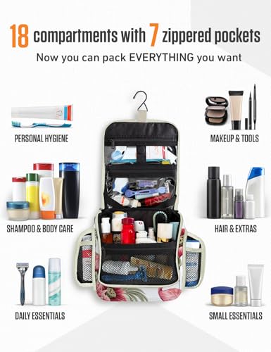 VENTURE 4TH Hanging Travel Toiletry Bag for Women & Men – Large Toiletry Organizer with 17 Compartments, Removable TSA Pouch, Travel Wash Bag for Toiletries, Makeup & Shaving Kit (Pink Flamingo) - color: Pink Flamingo
