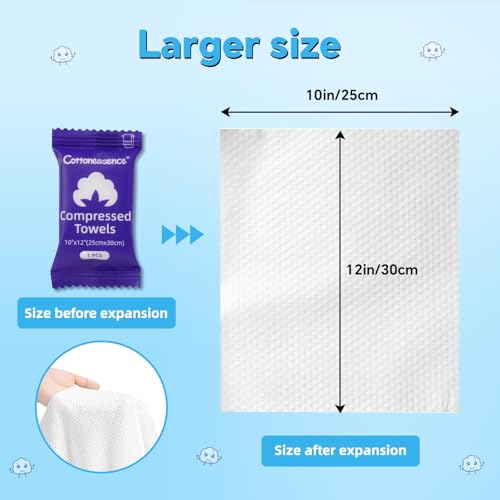 Cottonessence Premium Compressed Towels (100-Pack) - 10" x 12" Individually Wrapped Coin Tissues, Portable Towels for Travel, Hiking, Gym, Spa, Beauty Salon, Makeup, Baby Care, Outdoor Use - size: 100 Count (Pack of 1)