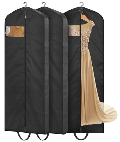 MISSLO 65" Long Garment Bags for Travel Dress Bags for Hanging Clothes Waterproof Wedding Dress Cover Traveling Clothing Protectors for Closet Storage 3-Pack for Gowns, Tuxedos, Coats, Black - size: 65 inch