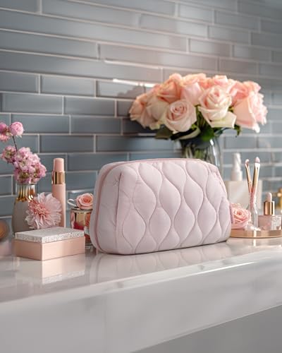 BAGSMART Makeup Bag, Travel Cosmetic Bag, Puffy Padded Make Up Bag for Women, Makeup Organizer Case, Wide-open Pouch Purse, Travel Essentials, Toiletries Accessories Brushes, Dark Pink - color: C-Dark Pink