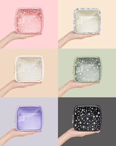 Wandering Nature Clear Makeup Bag for Purse, Mini Make up Bag with Glitter Star Pattern, Cute Cosmetic Pouch for Women with Slip-in Pockets, Travel Toiletry Essentials Vegan Leather Organizer Pouch - color: Beige Star