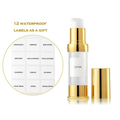 Gold 15ML 0.5 oz Airless pump bottle Toiletries Travel Size containers airport essentials Dispenser with Box Reusable mini lotion plastic travel bottles 4 Packs - size: 15 ML