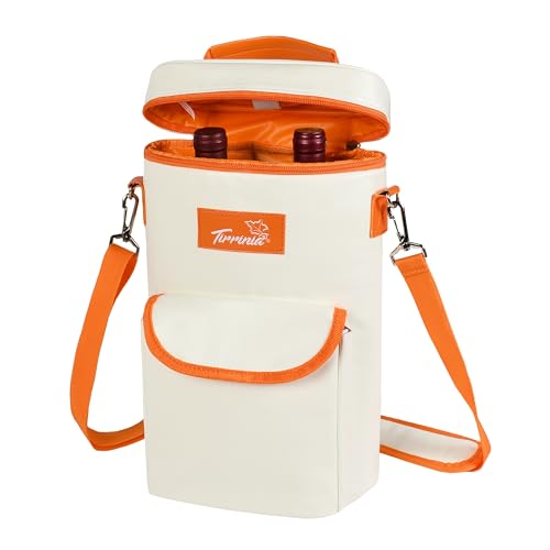Tirrinia 2 Bottle Wine Gift Tote Carrier - Leakproof & Insulated with large pockets Wine Cooler Bag for Travel, Wine Tasting, Party, Dinner, Great Gift for Wine Lover,White Orange - color: White Orange, size: 2 Bottle-with front pocket