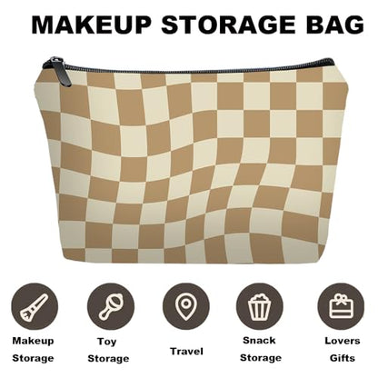 Light Brown Checkered Gifts for Women Unique Brown Plaid Travel Makeup Bag Set with Mirror, Cosmetic Pouch Set for Checkered Lovers & Mom - color: Checkered Light Brown-2S