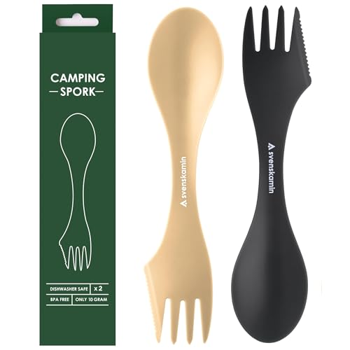 Reusable Camping Spork Set 2-Pack - 3-in-1 Travel Sporks, Lightweight Durable Utensils & Silverware for Tailgate, Outdoors, Hiking, Picnic, Lunch Box - Eco-Friendly Plastic Fork Spoon Knife Combo - color: Black & Sand