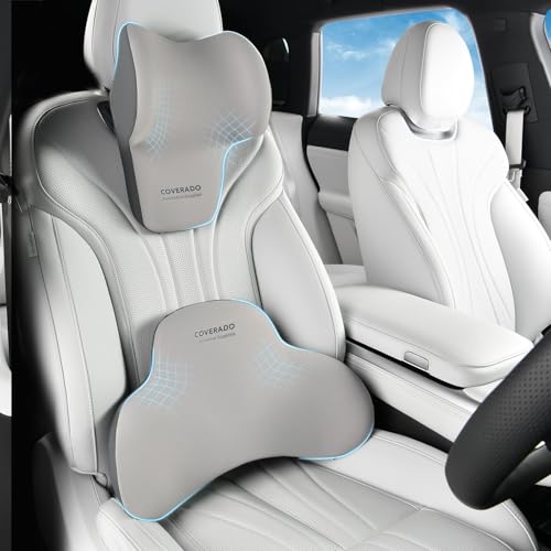 Coverado Lumbar Support and Headrest Pillow for Car, Memory Foam Ergonomic Head Neck Support Pillow for Driving Seat, Back Support and Pain Relief, Seat Cushion for Car, Driver, Office - color: Gray2, size: 2 Pieces