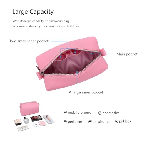 PU leather Organizer Bag Lightweight Cosmetic Bag with Ring Clasp Perfect Travel Makeup Bag for Women (Azalea Pink/PU) - color: Azalea Pink/PU
