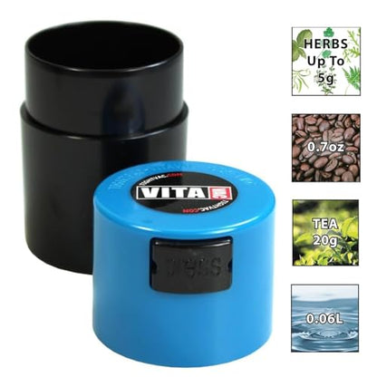 Vitavac - 5g to 20 grams Vacuum Sealed Container - Light Blue Cap & Black Body - color: Light Blue