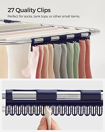 SONGMICS Clothes Drying Rack, Foldable 2-Level Laundry Drying Rack, Free-Standing Laundry Airer, with Height-Adjustable Wings, 33 Drying Rails, Sock Clips, Silver and Blue ULLR53BUV1 - color: Silver + Blue, size: 2 Tiers（22"d x 61.8"w x 64.3''h )