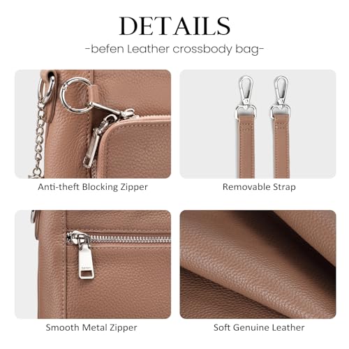 befen Anti Theft Genuine Leather Crossbody Bags for Women Handbags and Shoulder Basg with Built in Wallet RFID Leather Purse - color: Mocha
