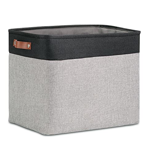 DULLEMELO Large Collapsible Storage Basket/Bin with Sturdy Leather Handles, Fabric Organizer Bin for Storage Clothes, Books, Office, Bedroom, Closet, Nursery & Laundry (Black&Gray) - color: Black&Gray, size: Large-17"x12"x15"