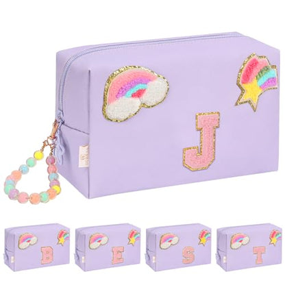 Initial Makeup Bag for Girls, Cute Makeup Bag Small Cosmetic Bag Travel Make Up Organizer Pouch, Birthday Gifts for Girls 4 5 6 7 8 9 10 11 12 13 14 15 Years Old, Teen Girls Gifts Trendy Stuff - color: Purple + Bracelet, style: J